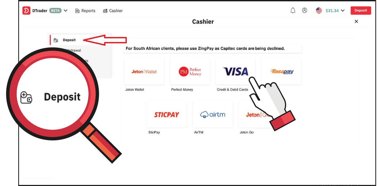 Sådan logger du ind og indbetaler penge i Deriv